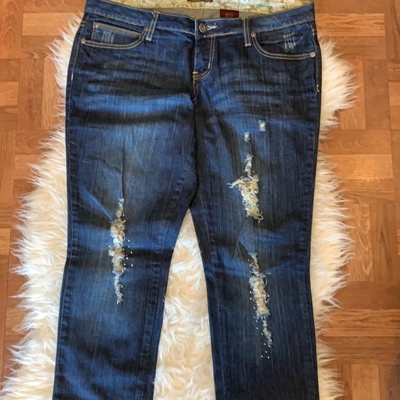 VINTAGE🧚‍♀️Y2K Medium Wash Distressed Bejewelled Straight Leg Jeans Size 13 - Picture 6 of 12